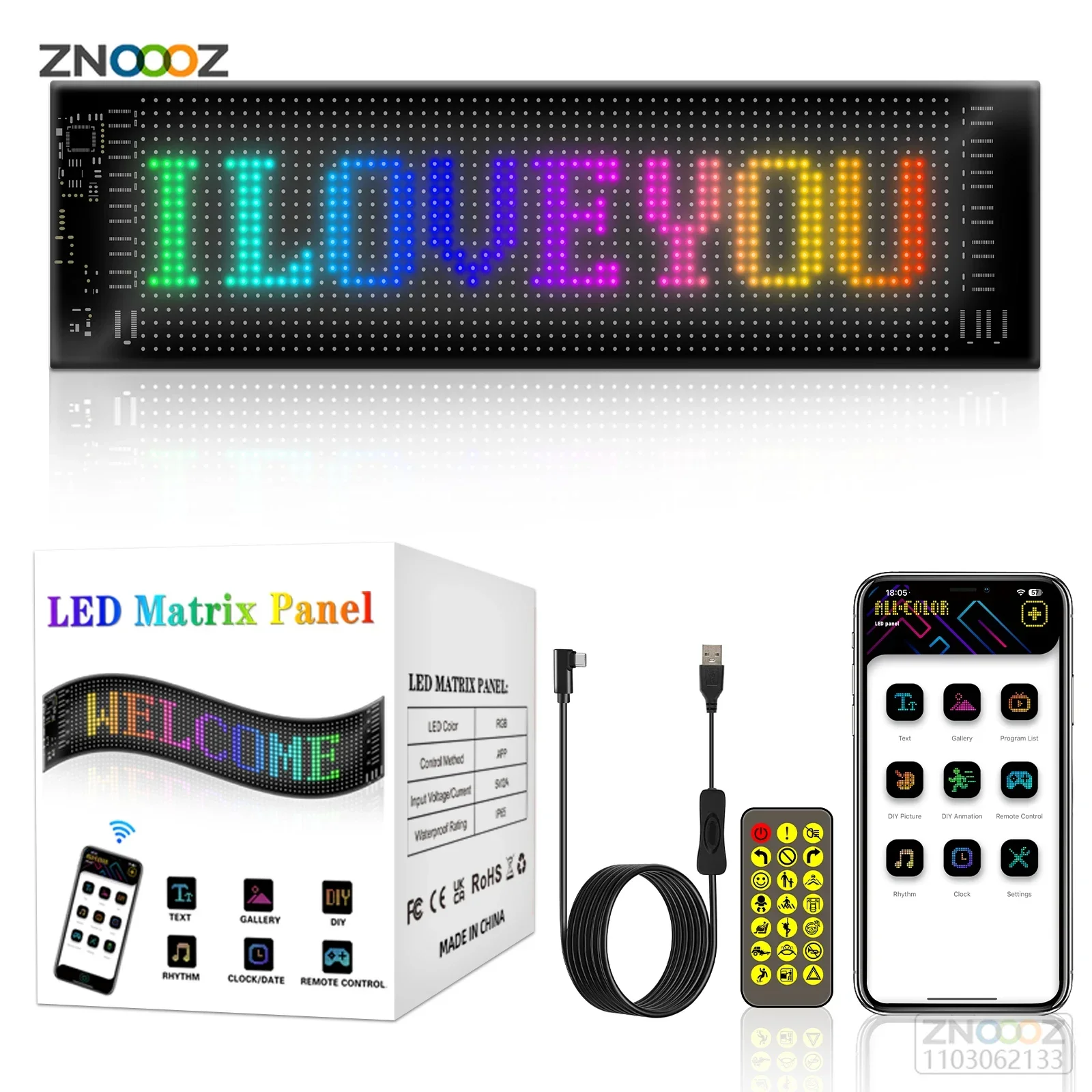 LED 매트릭스 픽셀 패널, USB 5V, 유연한 주소 지정 가능 RGB 패턴, 그래피티 스크롤 텍스트 애니메이션 디스플레이, 자동차 상점, 블루투스 앱