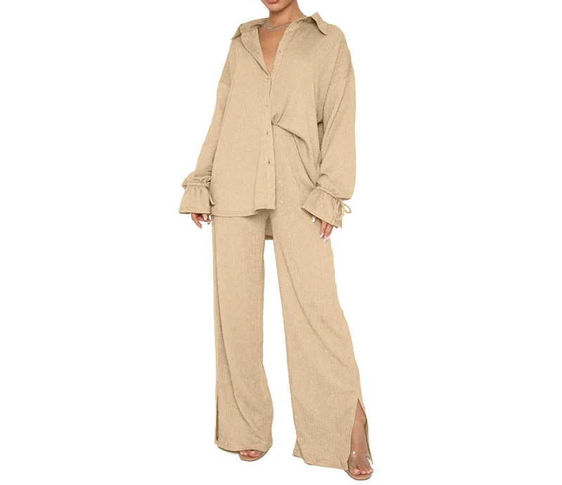 Autumn and Winter New Solid Collar Single Breasted Long Sleeve Tie Top Women's Fashion Pants Set Lady Top and Trousers Suit