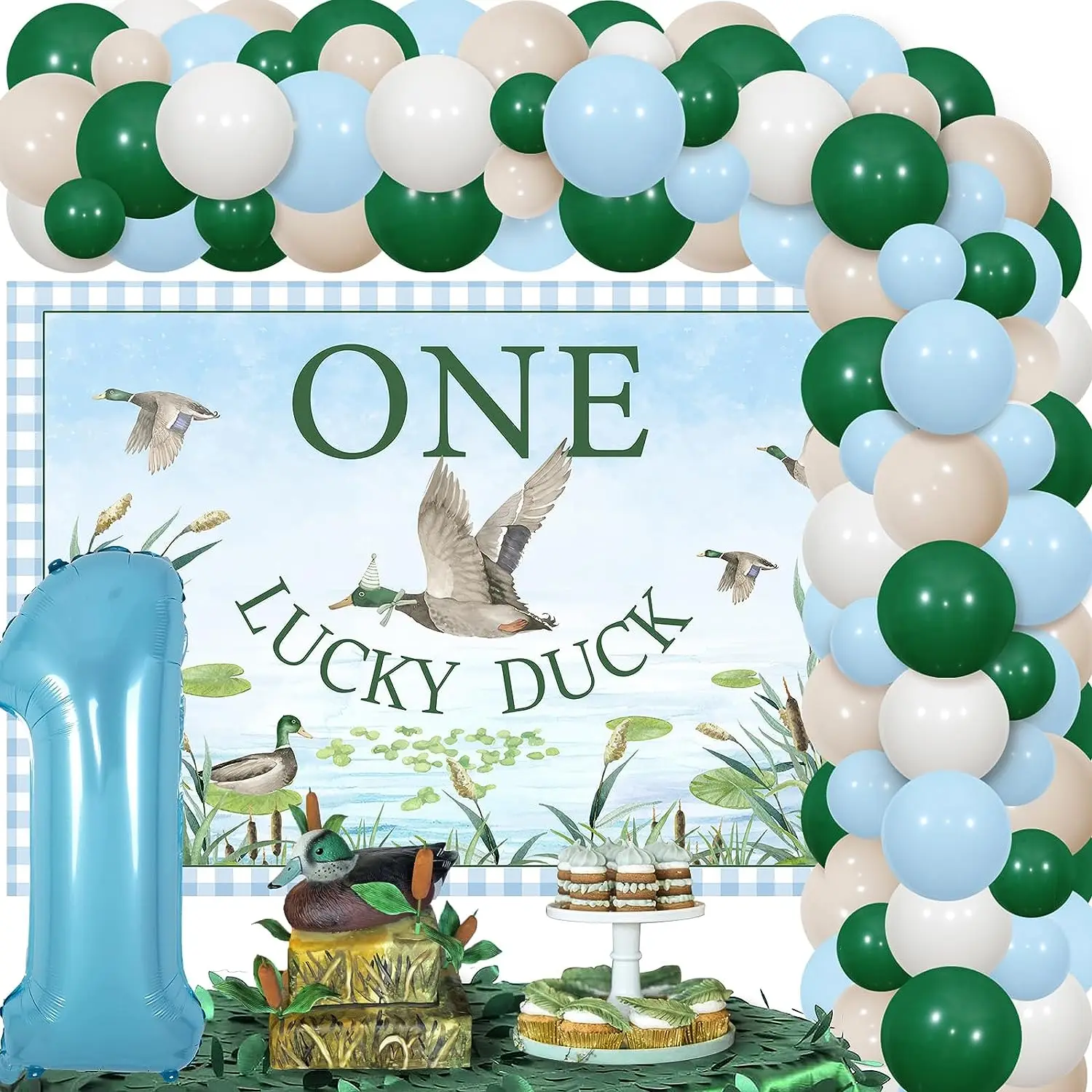 

Duck Hunting First Birthday Decorations One Lucky Duck Backdrop Mallard Duck Balloon Garland Arch Kit for Boy 1st Birthday Party