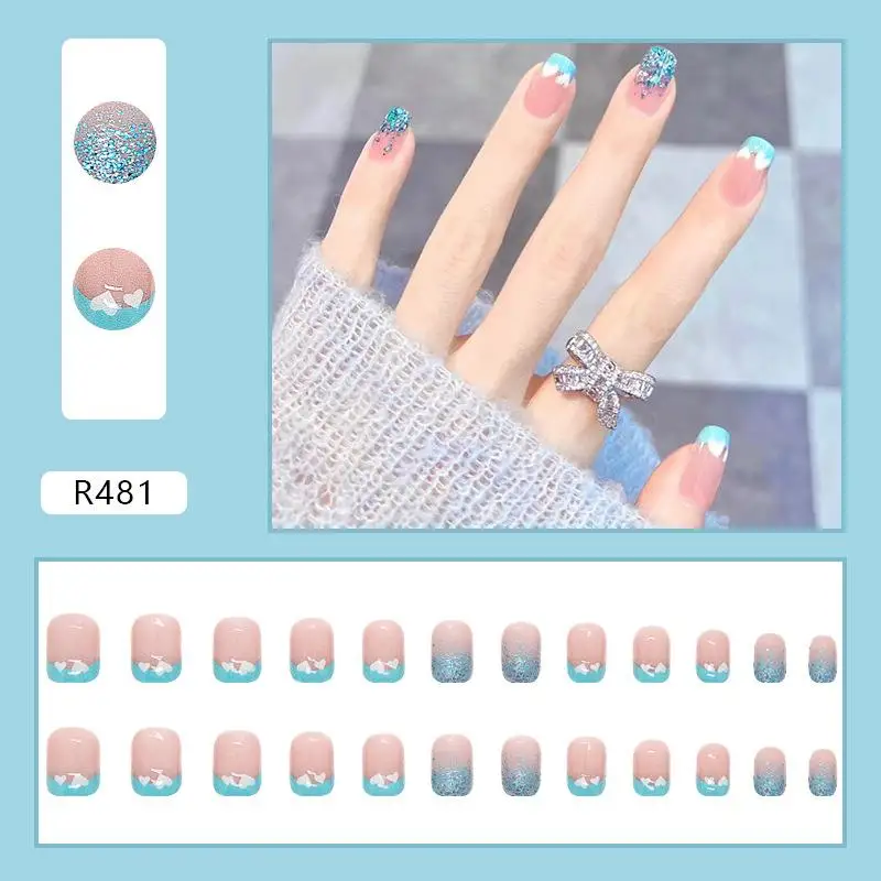 24Pcs Korean Fresh False Nails Patch Artificial Press On Wearing False Nails Detachable Fake Fingernails Full Cover Nail Tips