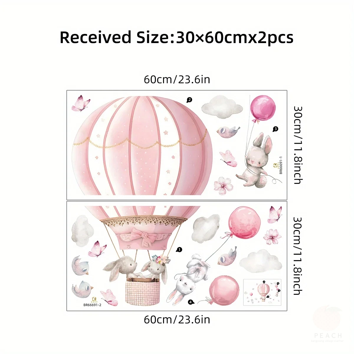 2pcs Cartoon Cute Rabbit Pink Balloon Clouds Wall Stickers For Room Decor Living Room Nursery Wall Decoration wall sticker wall stickers
