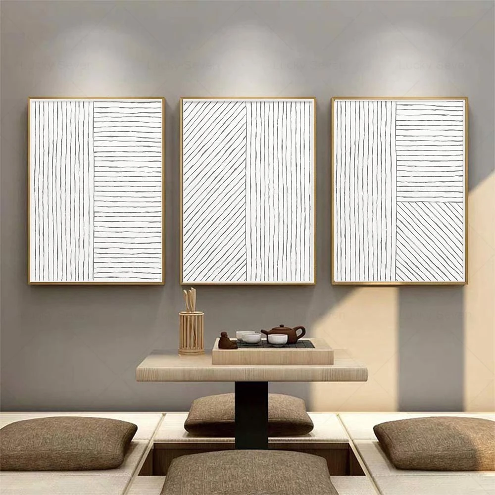 Abstract Geometric Print Black White Stripes Canvas Painting Minimalist
