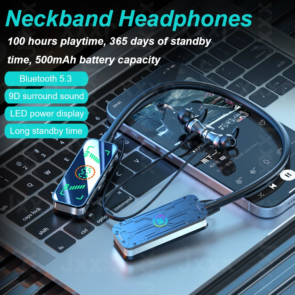 

Sports Neckband Earphones 100H Playtime Hifi In-Ear Wireless Bluetooth Headphones Noise Canceling Waterproof Handsfree Headset