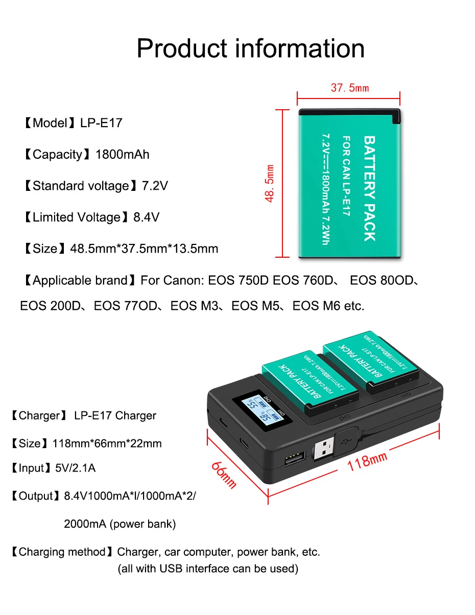 LCD Carregador USB para Canon EOS RP