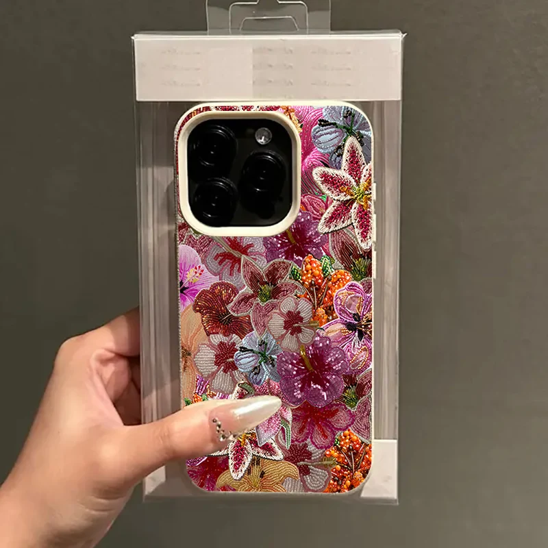 Luxurious Beaded Flower Lychee Texture Phone Case - Silicone Soft Cover