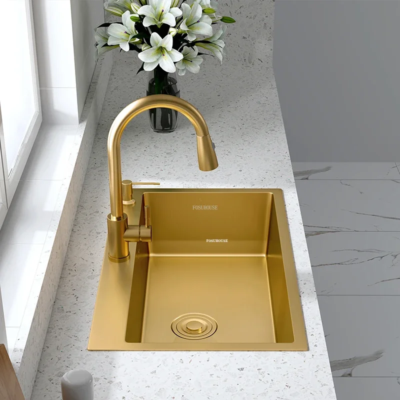 Gold Stainless Steel Kitchen Sinks Modern Home Kitchen Accessories Light Luxury Handmade Single-slot Under-counter Basin