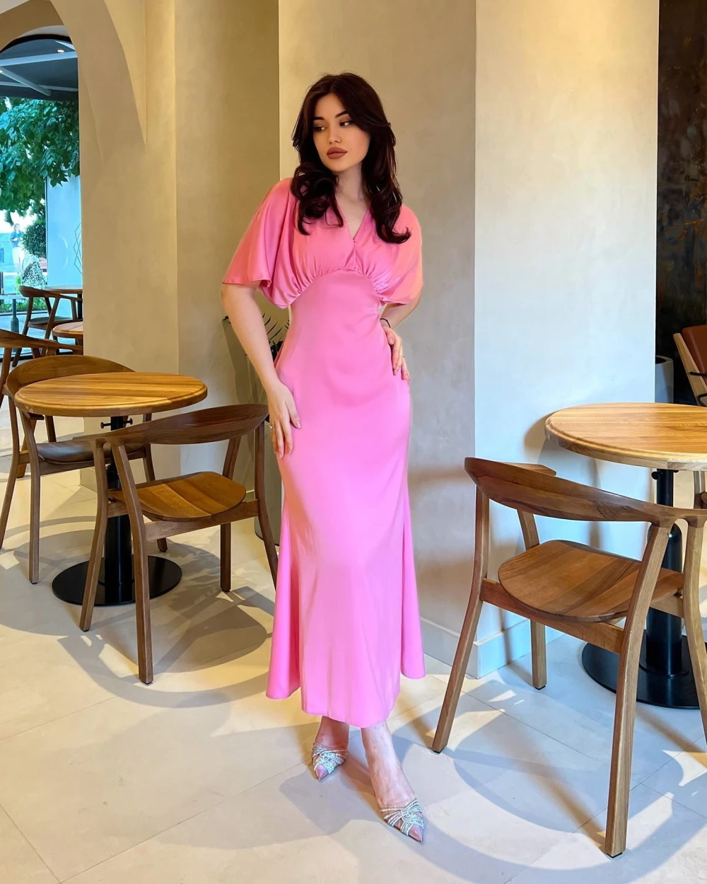 

Carolina Elegant Pink New Saudi Arabic Mermaid Prom Dresses V-Neck Satin Ankle Length Formal Women Evening Party Dress