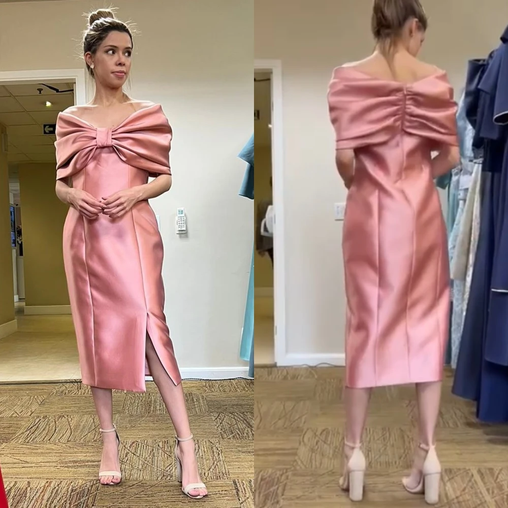Satin Pleat Bow Wedding Party A-line Off-the-shoulder Bespoke Occasion Gown Midi Dresses