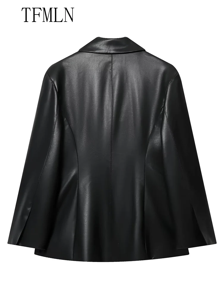 Fashion Women Slim Faux Leather Jackets 2025 Autumn Winter Notched Single Button Causal Chic Coats Full Sleeve Pockets Outwear