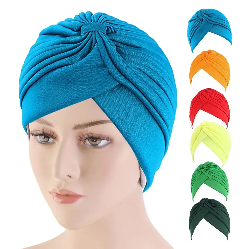 

Women Stretchy Turban Muslim Hat Headband Warp Breathable Anti-UV Sun-proof No Brim Beanie Hat Hijab Knotted Indian Cap