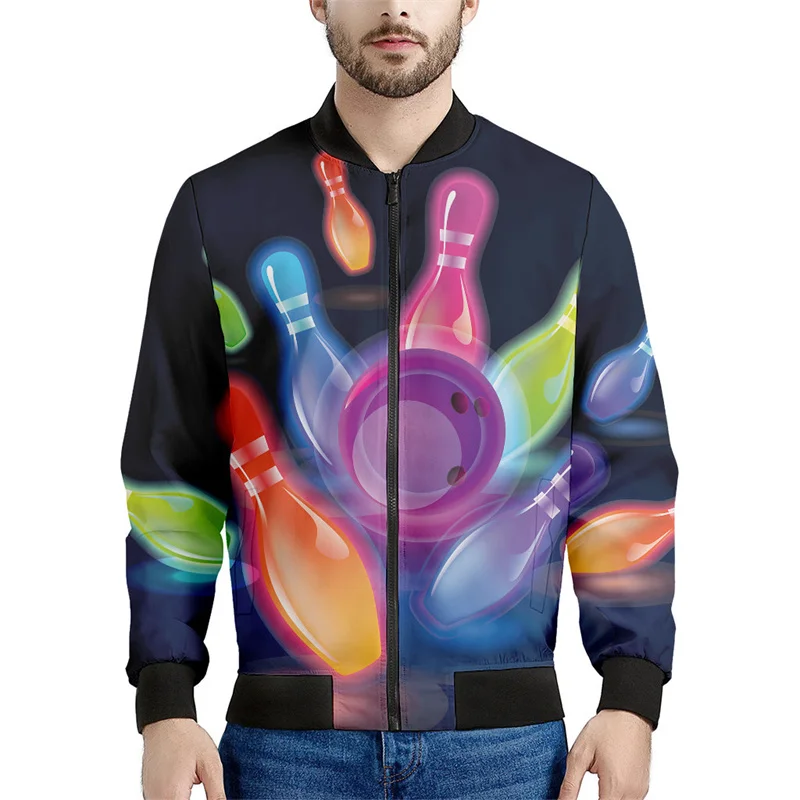 thumbnail image 1 of Chaquetas con estampado 3D de bolos para hombre, sudadera holgada deportiva de moda para primavera y otoño, chaqueta bomber informal con cremallera para la calle, 1 of 4