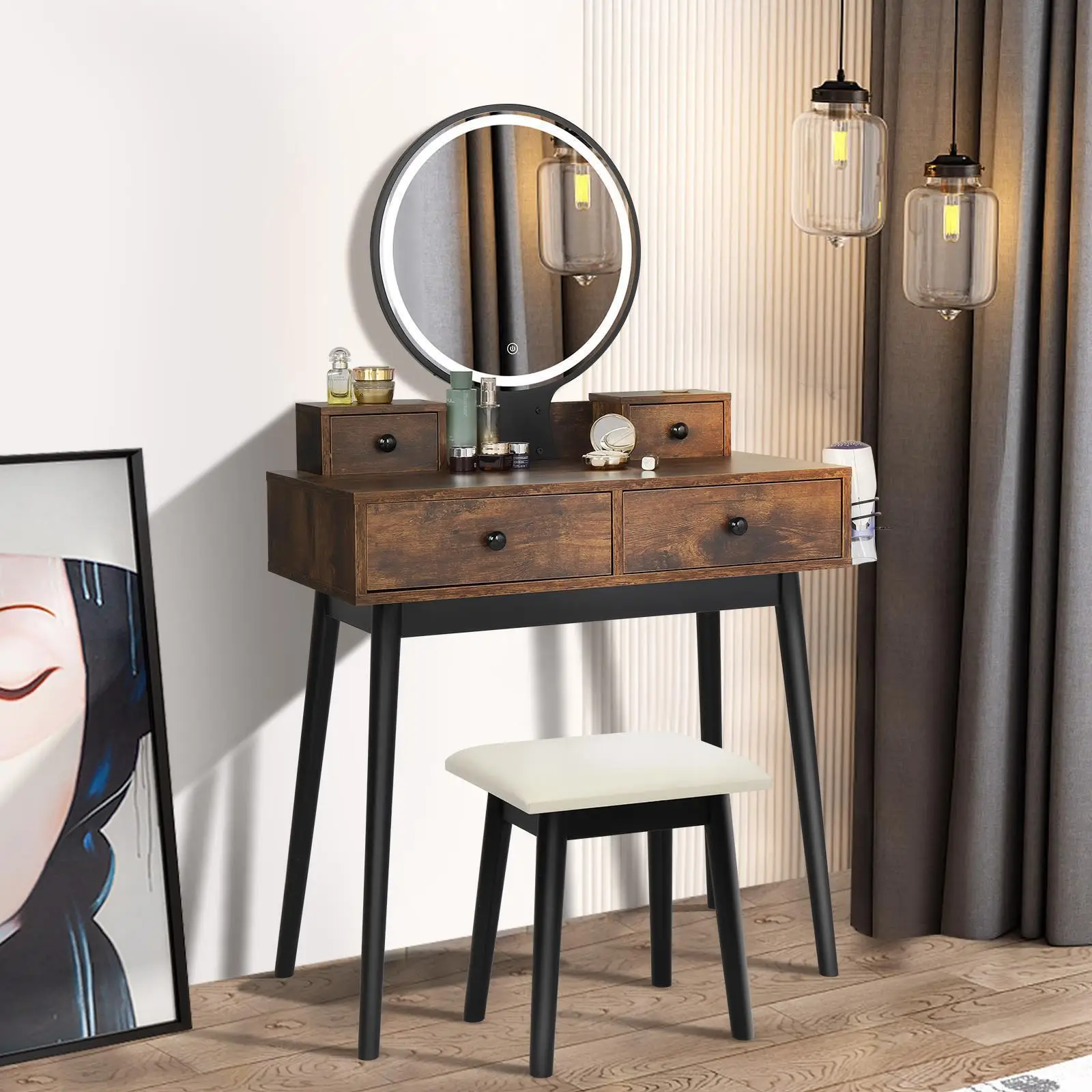 4 Drawers Vanity Table Set Makeup Dressing Table Desk with LED Mirror and Stool