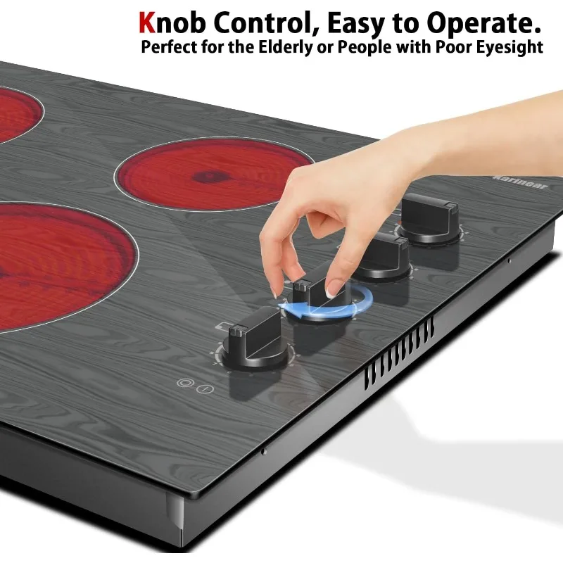 Karinear 30 Inch 4 Burners Electric Cooktop,Knob Control Electric Stove Glass Cooktop with Beautiful Wooden Pattern,30" Built-in