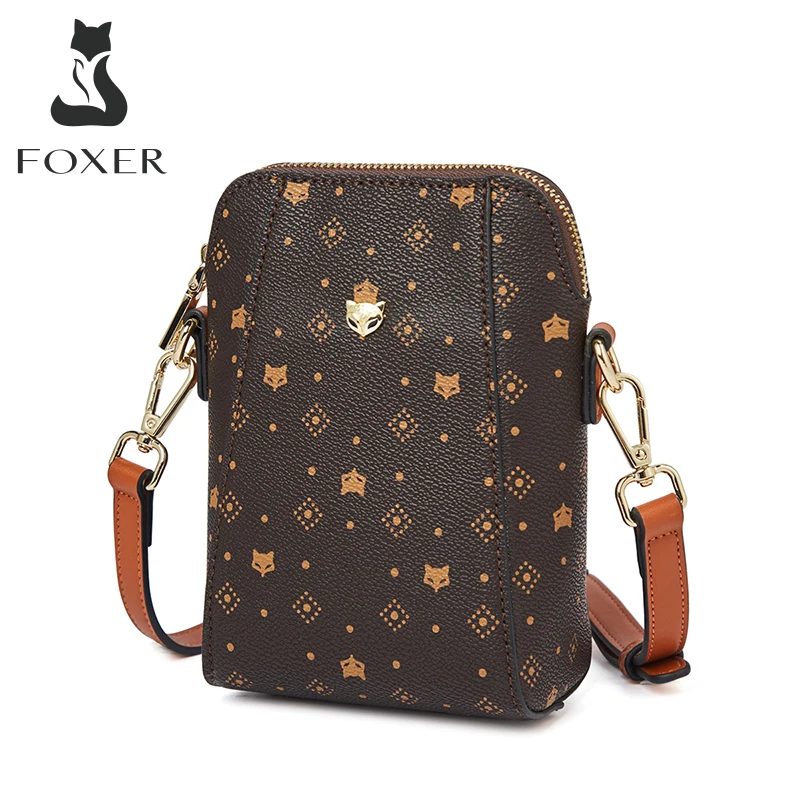 Crossbody Bag,Women Shoulder Bag FOXER Woman Brown Monogram Cellphone Bag Vintage Shoulder Bag Travel Crossbody PVC Leather Lady Mini Shopping Messenger Bags