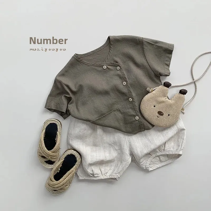 Cotton Linen Style Short Sleeve T-Shirt Children's Fashion Retro Wind Clothing for Boys And Girls Kids Personalized Korean Versi