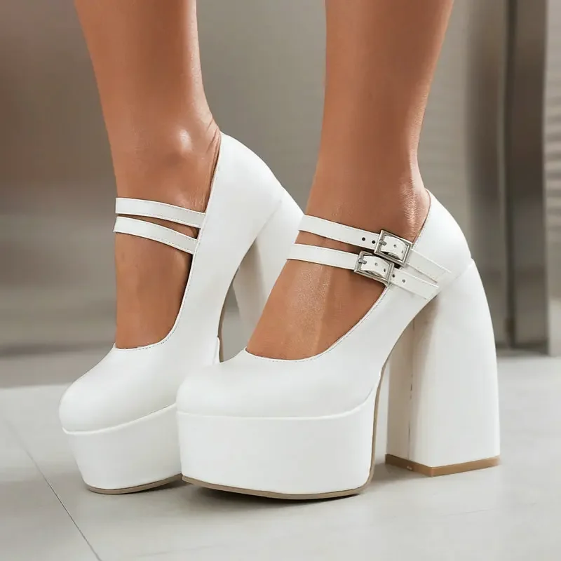 

Green Orange Red Black Double Buckle Strap Vintage Ladies Office Pumps Platform Mary Janes Block High Heeled Women Shoes Spring