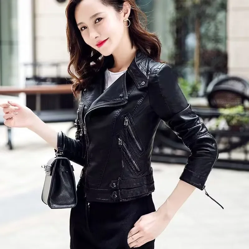 цена Faux Soft Leather Jackets HOT 2023 New Fashion Autumn Winter Women Pu Black Blazer Zippers Coat Motorcycle Outerwear pimkie