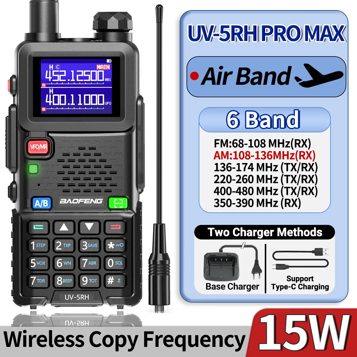 UV-5RH Pro Max 에어 밴드 워키토키, 무선 복사 주파수, 트라이 파워 C 타입 NOAA 장거리, Baofeng 5RM 햄, 양방향 라디오, 15W