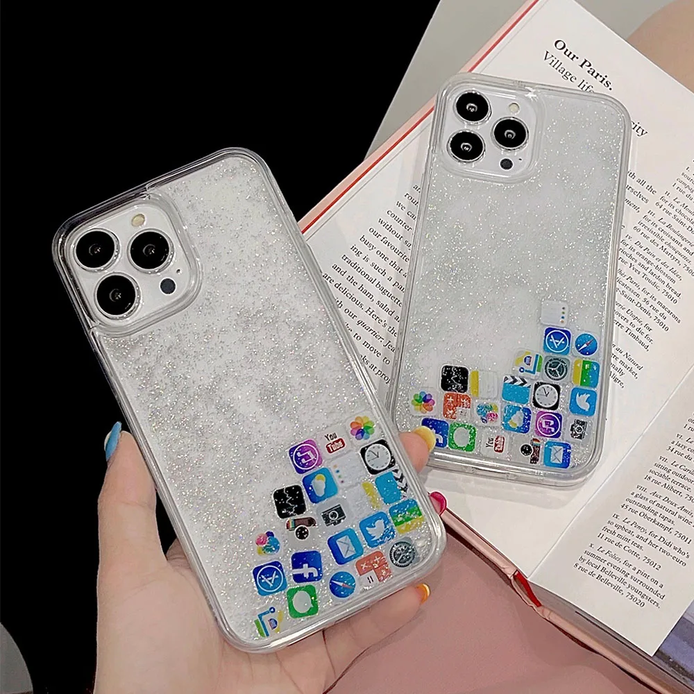 2023 App Icon Label Custodia Per Telefono Per Iphone 15 14 12 11 13 Pro Max Xs Dynamic Liquid Quicksand Cover Per Iphone 13 7 8Plus Custodie