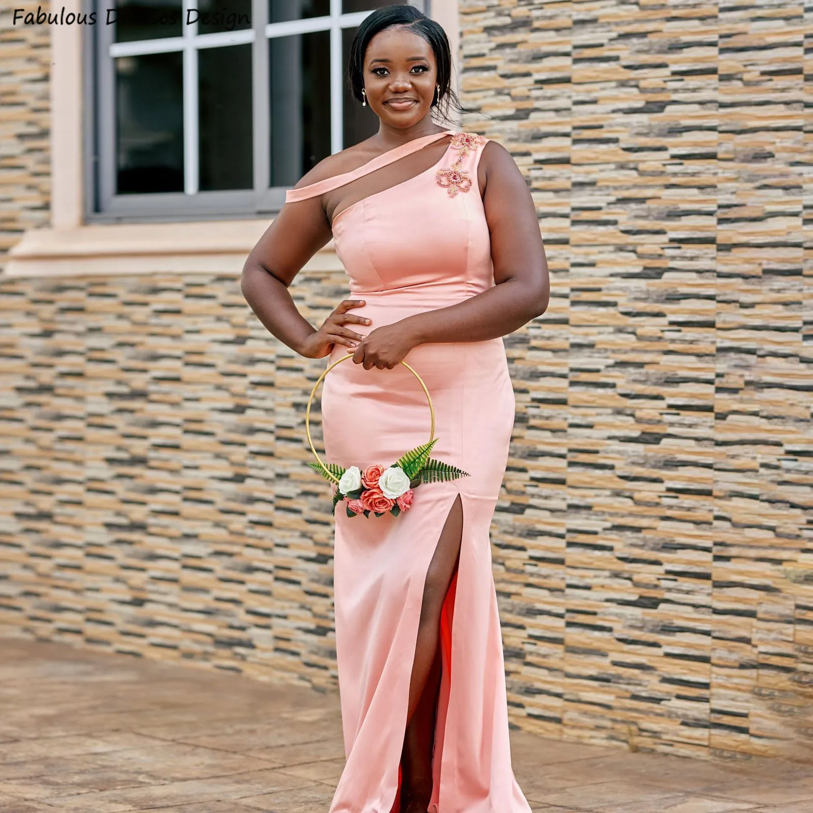 

Applique One Shoulder Bridesmaid Dresses Pink Long Mermaid Slit Sleeveless Wedding Guest Dress African Women Prom Party Gown