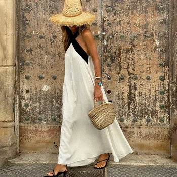 Women's Summer New Fashion Pure Color Hanging Neck Strapless Cotton Linen Dress Sleeveless Simple Design Maxi Dress 1