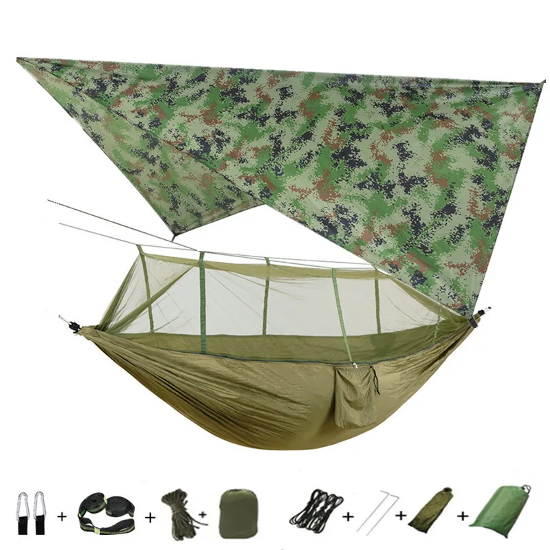 Portable Nylon Camping Hammock with Mosquito Net Rainfly Tent Tree Straps,for Camping Hiking Backyard Travel Outdoor Backpacking 