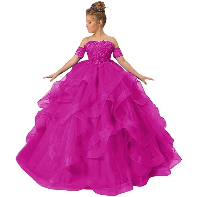 Maßgeschneidertes Blumenmädchenkleid aus königsblauem Tüll, geschwollene, mehrlagige Applikationen, kurze Ärmel für Hochzeit, Geburtstag, Bankett, Prinzessinnenkleider – Detail 11