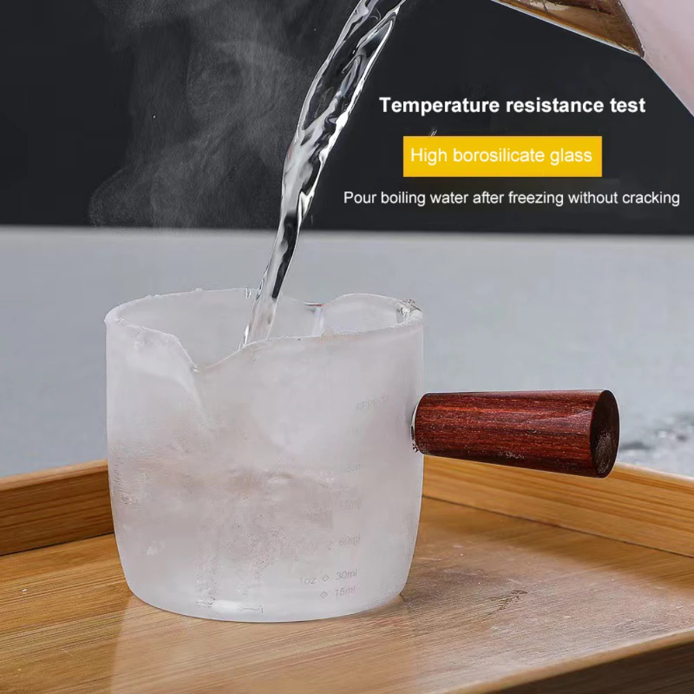 Measuring Cup 40/75/150ml Wood Handle Glass Espresso Measuring Cup Double/Single Mouth Milk Jug Coffee Supplies Clear Kitchen Measure Mug