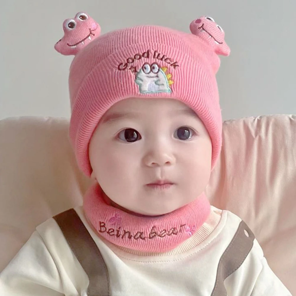 Good Luck Dinosaur Beanies Autumn Winter Boys Girls Baby Hat Cute Wool Knitted Hats Infant Cute Outdoor Windproof Scarf Set