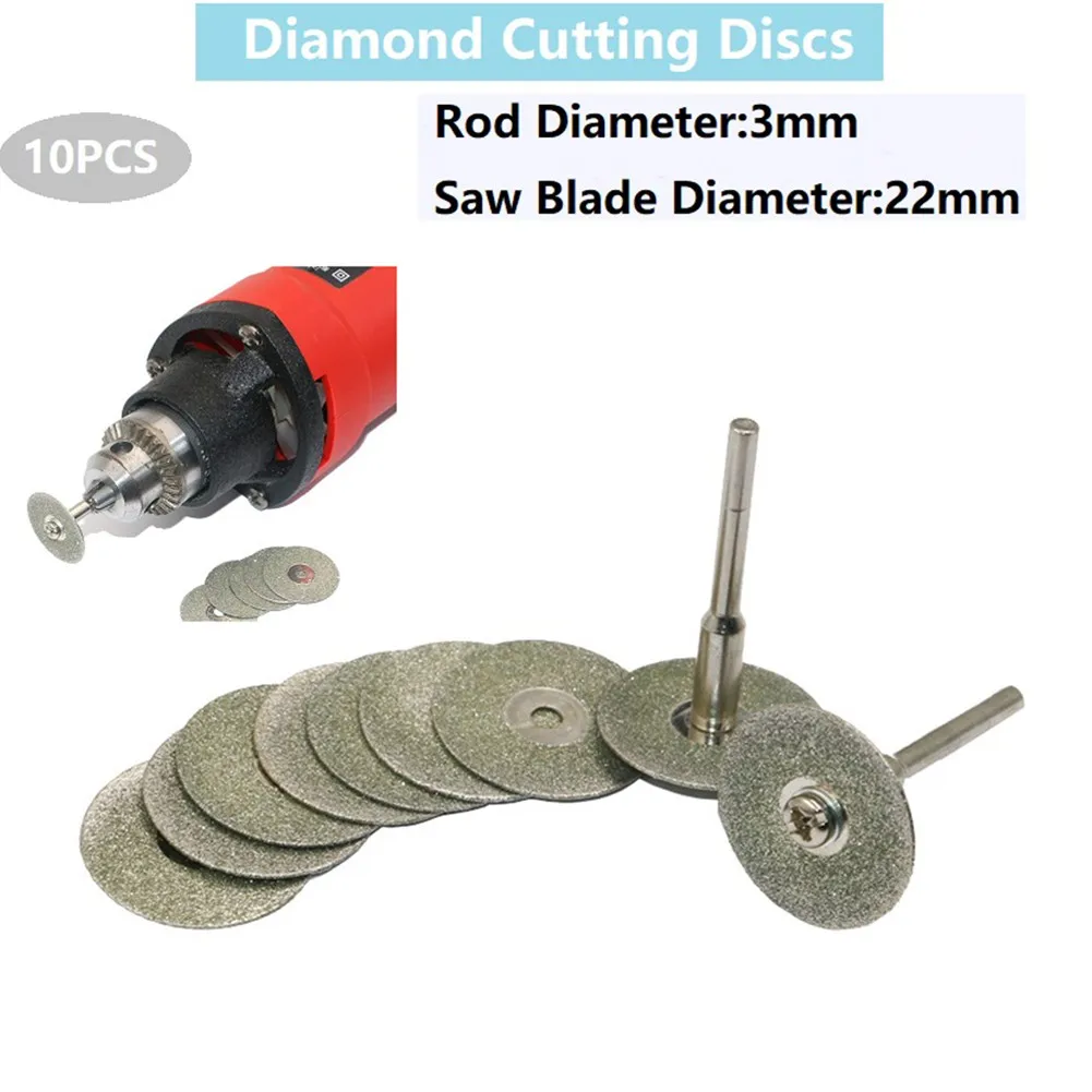 10pcs 22mm Diamond Cutting Discs Cut Off Mini Diamond Saw Blade With 2pcs Connecting 3mm Shank For Dremels Drill Fit Rotary Tool