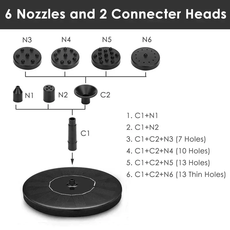 16/18CM 태양열 새 목욕대 분수, 3W 컬러풀 LED 조명이 있는 6노즐 워터 펌프 태양열 새 목욕대 분수