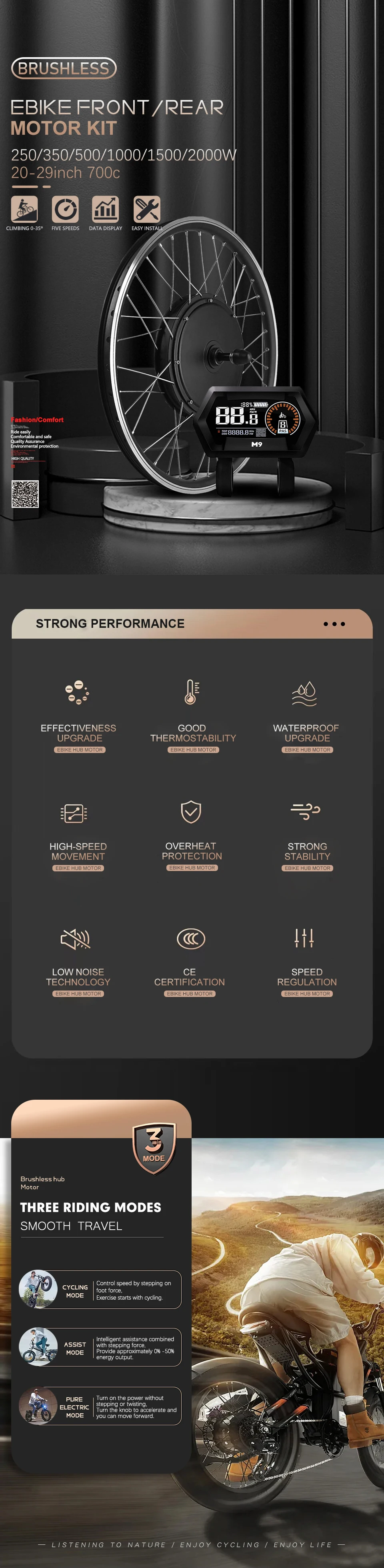 Description Picture 3 of itemEBike Conversion Kit 36V 350W 500W 48V 1000W 1500W 2000W EBike Brushless Front Rear Hub Motor Bike Wheel kit bicicleta electrica