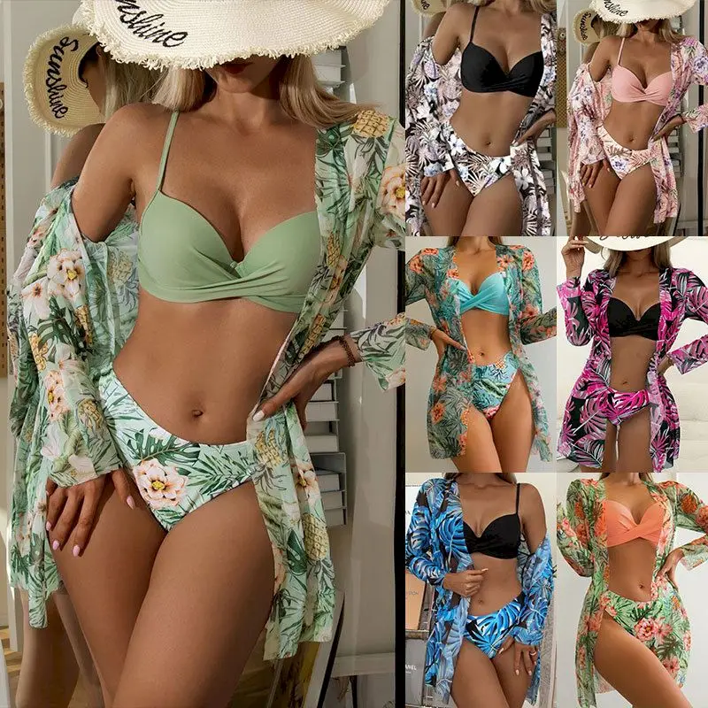 

Vintage Women Swimsuit Long Sleeve Three Pieces Floral Print Bikinis Sets Cover Up Swimwear for Women Push Up Bathing Suits 2023