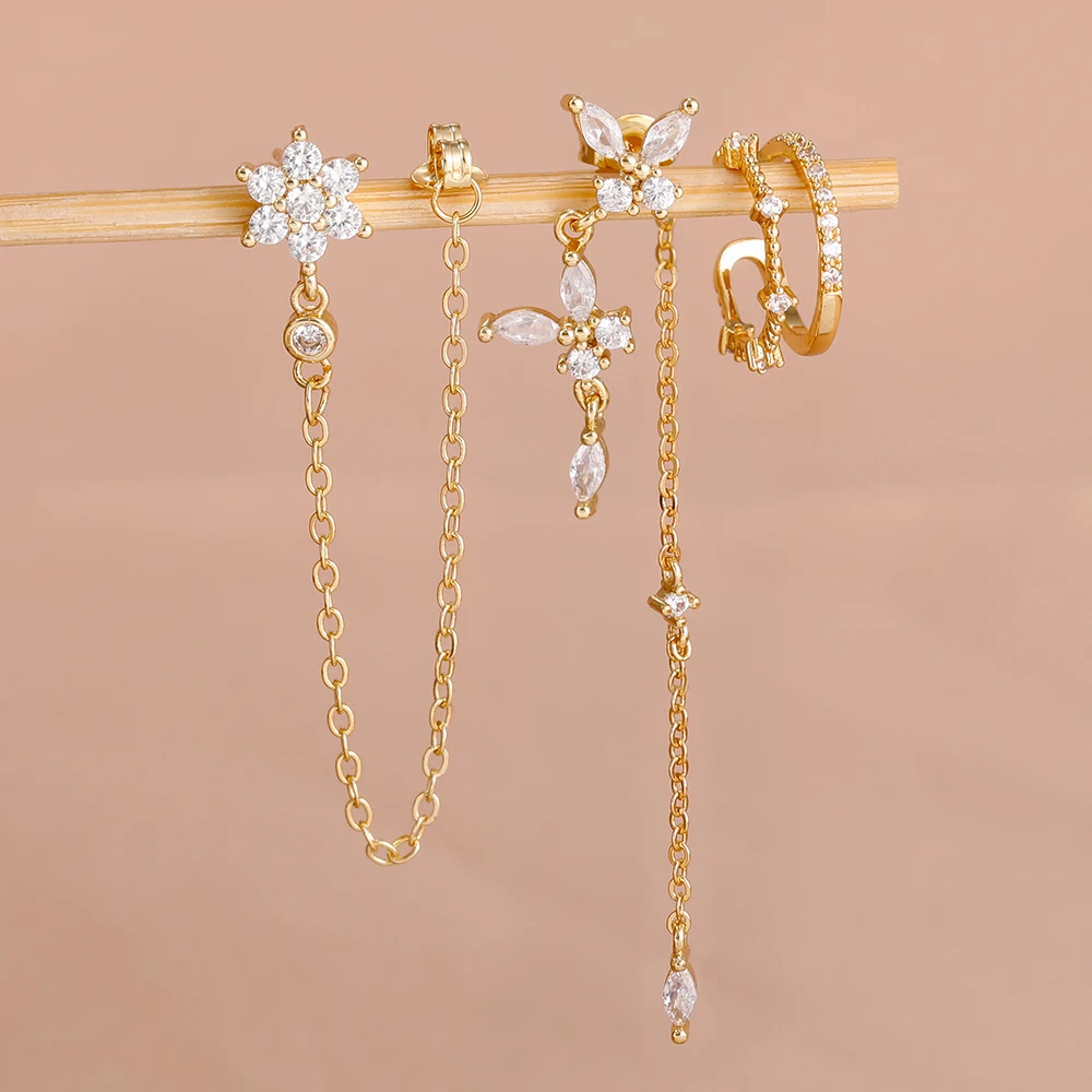 3-teiliges Set mit Blumen- und Schmetterlings-Quasten-Ketten-Ohrhängern für Damen, Zirkonia, falsche Perforation, Ohrclip, hypoallergen, Statement-Schmuck – Detail 4