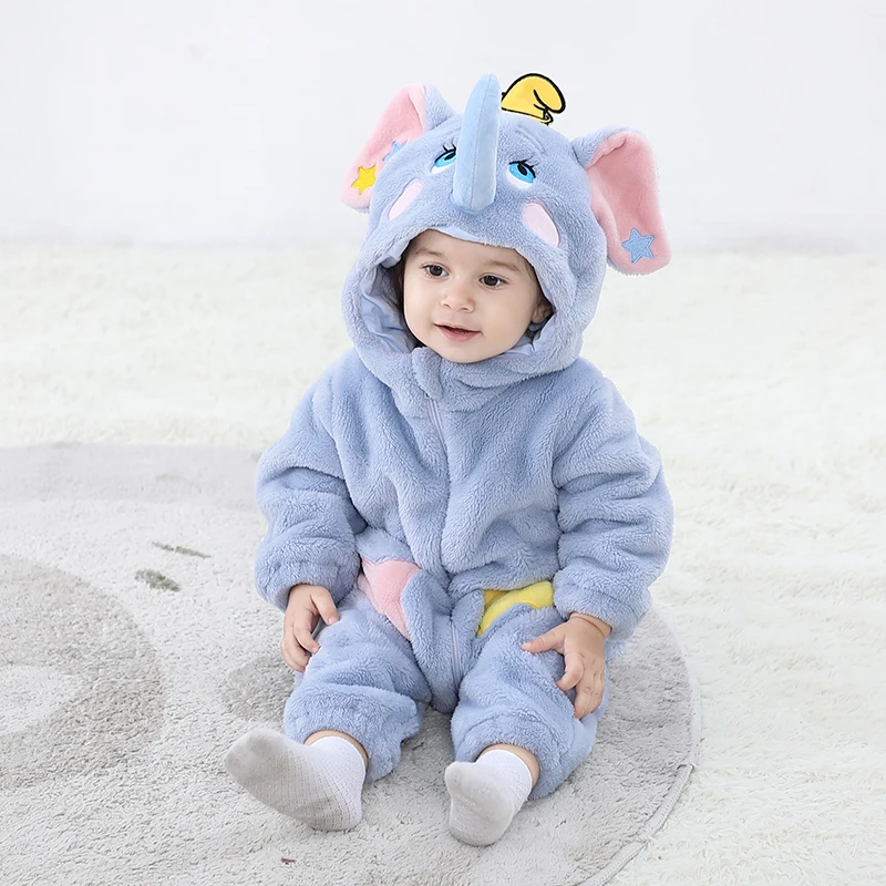 2023 New Cute Elephant Newborn Baby Clothes Bodysuit Winter Flannel Boys Girls Romper Warm Cosplay Costume Outfit Hooded Jumpsui 2