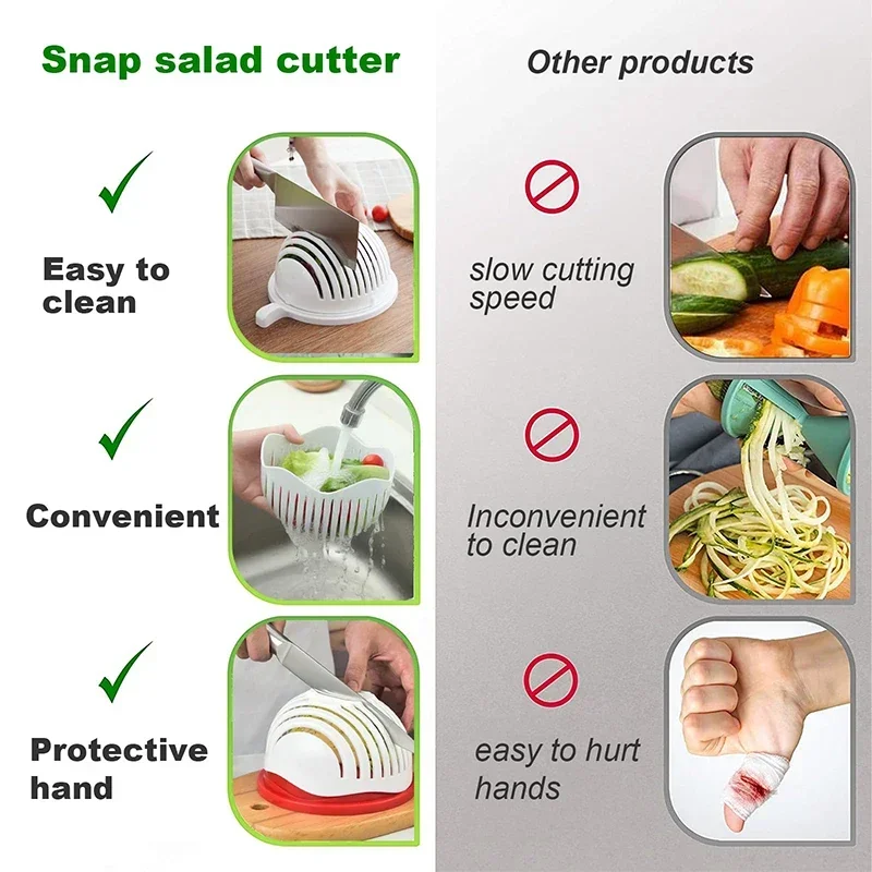 New Snap Salad Cutter Bowl Veggie Choppers and Dicers Food Grade Fruit Cut Bowl Easily Quickly Handle Kitchen Accessories