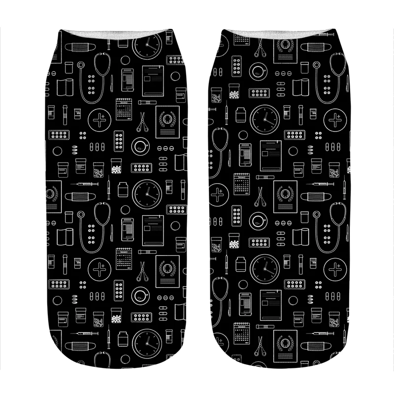 

Women's socks Midnight Black with White Outlined Drawings of Medical Symbols Socks Woman harajuku Novelty gift Socks for women