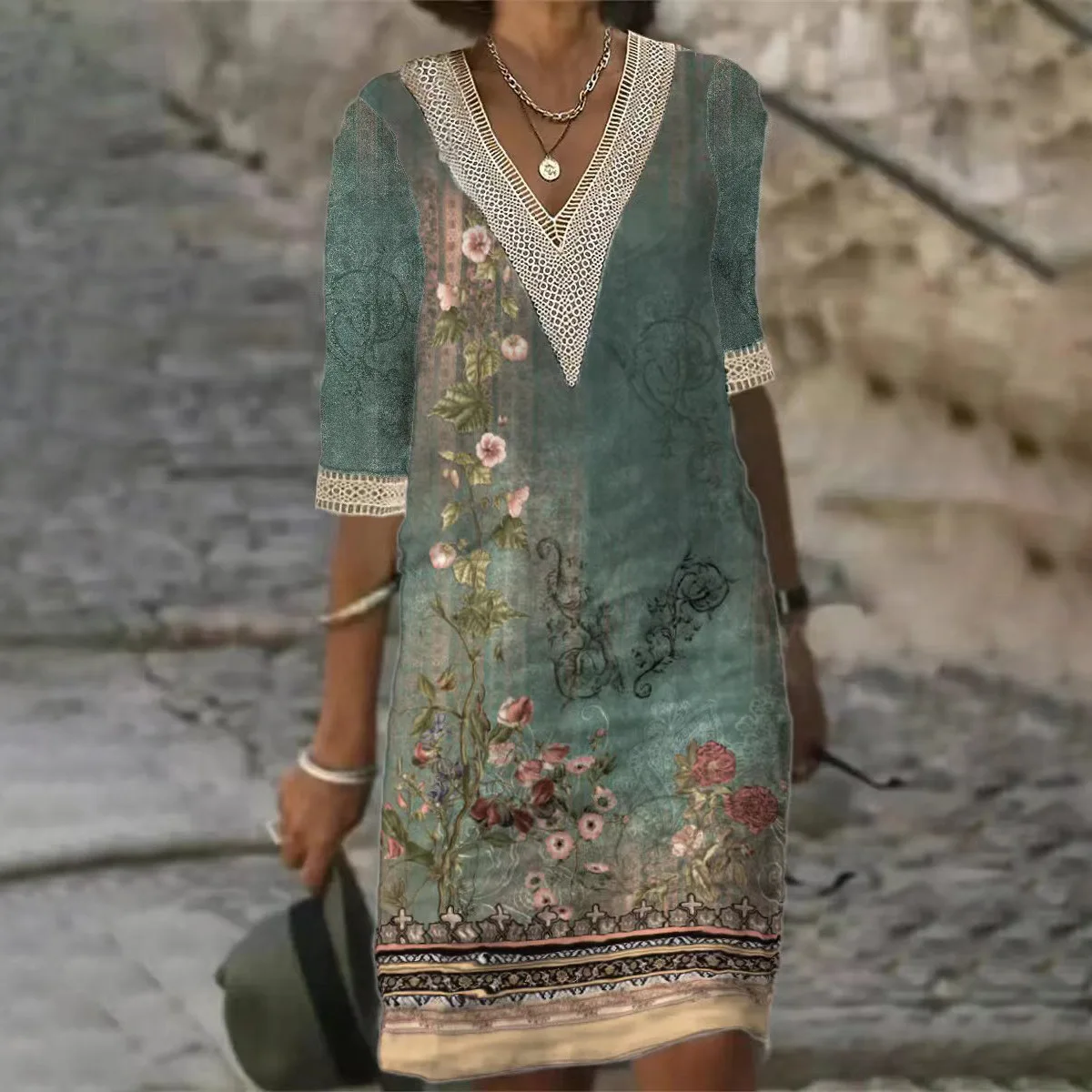 Loose V Neck Long Sleeve Ethnic Floral Fashion Mid-Long Sweatshirt