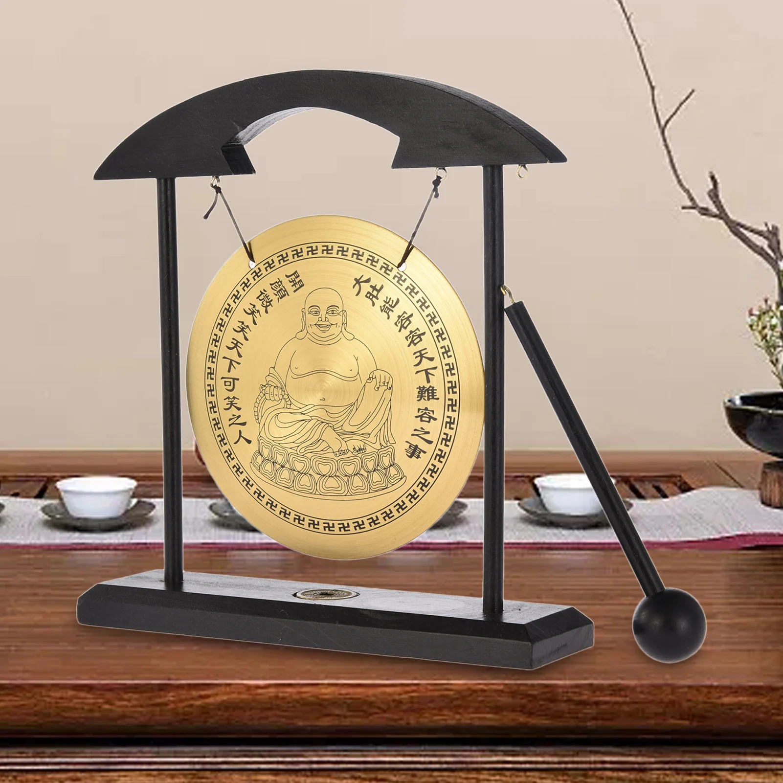 Feng Shui Desktop Gong Zen Art Brass Gone With Wooden Chime Seated Buddha Figurine Percussion Instruments For Zen Decor