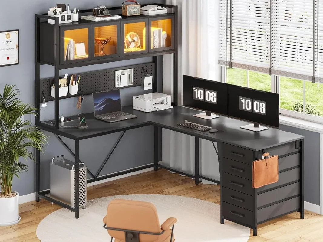 L Shaped Gaming Desk with Drawers, L Shaped Computer Hutch and Storage Shelves, Gaming Desk with Pegboard, Led Lights 2