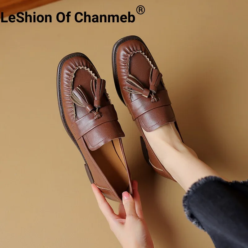 

LeShion Of Chanmeb Women Sheep Leather Loafers Retro Tassels Fringed Slip-on Lazy Flat Shoes Vintage Pleated Loafer Brown Spring