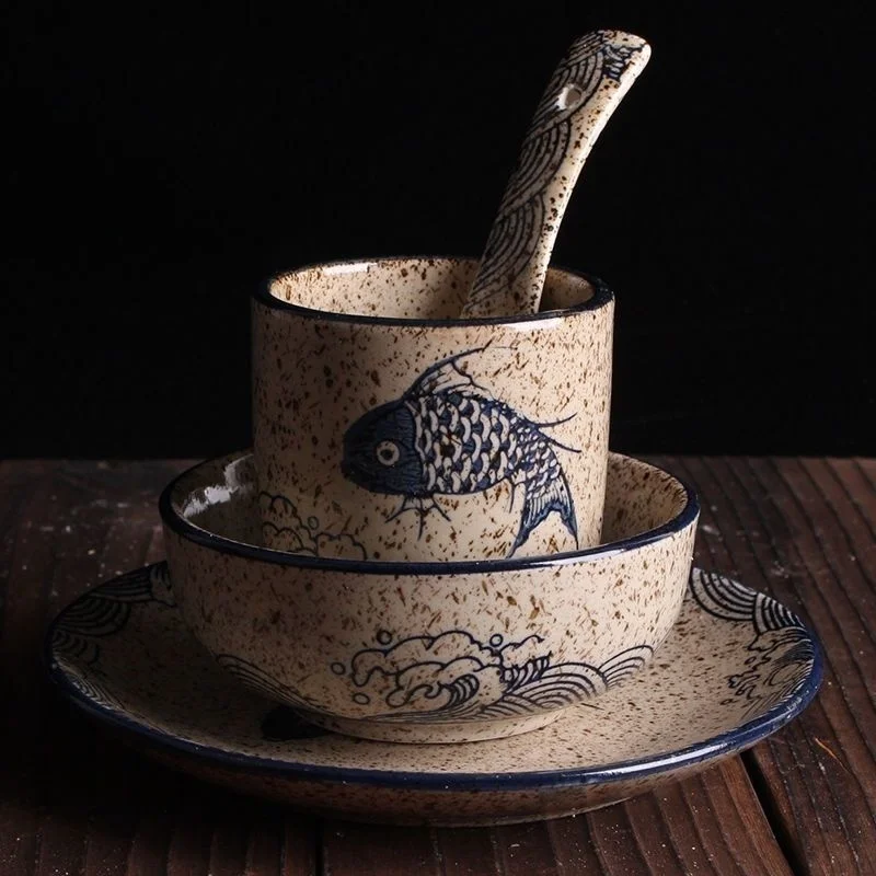 

1 Person Japanese Tableware Rice Bowl Dish Cup And Spoon Ceramic Dinner Plate Tableware For Household