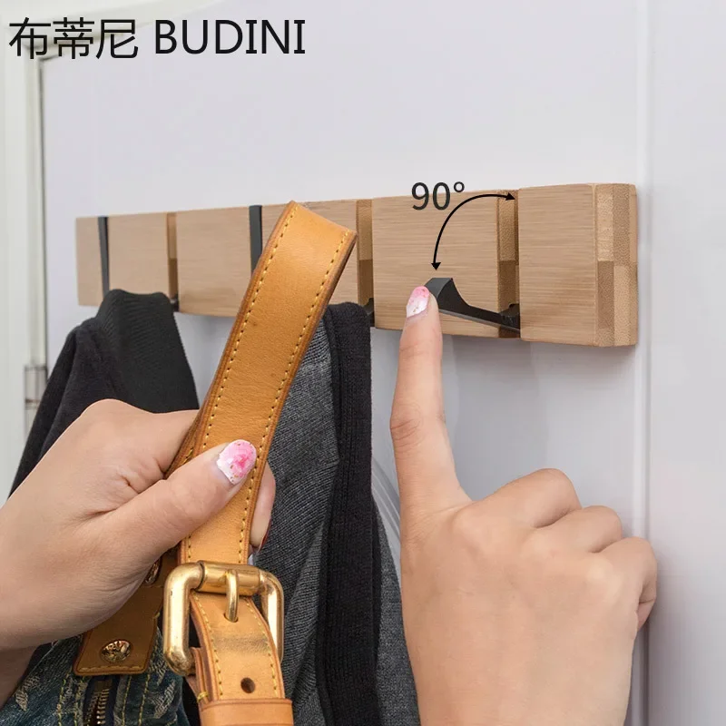 Creative Wall Hat Clothes Adhesive Solid Wood Wall Hangers Folding Coat Hook Wooden Living Room Kitchen Toilet Bamboo Rack