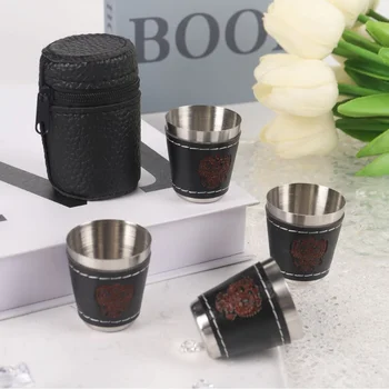 4pcs/set Outdoor Travel Cups Set Camping Tableware Stainless Steel Cup with PU Leather Portable Coffee Wine Beer Whisky Cup