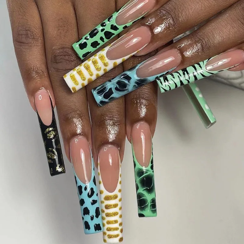 Blue Green Snake Pattern Glitter Powder Black Gold Halo Dyeing Long Ballet Fake Nail Full Finished False Nail Press On Nail Glue