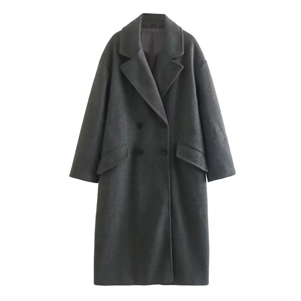 UNIZERA 2023 Winter New Product Women's Fashion and Casual Versatile Flip Collar Double breasted Button Long Woolen Coat Coat Co 5