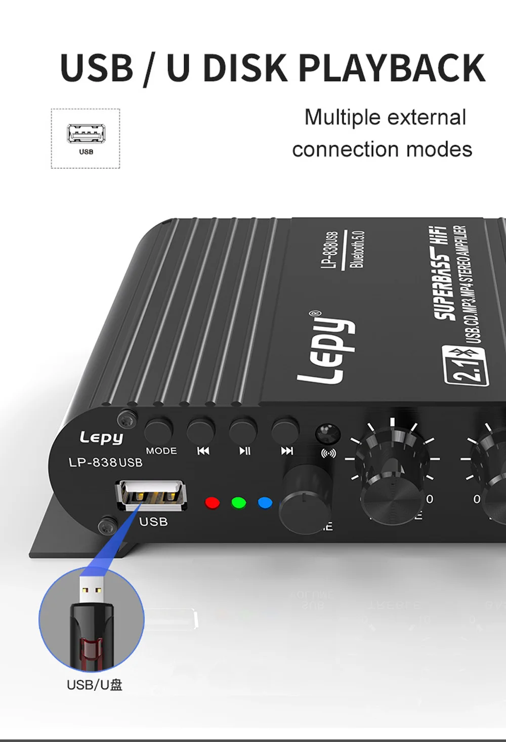Audio Amplifier LEPY838USB Bluetooth Subwoofer Amplifier Computer 12V Car Home A