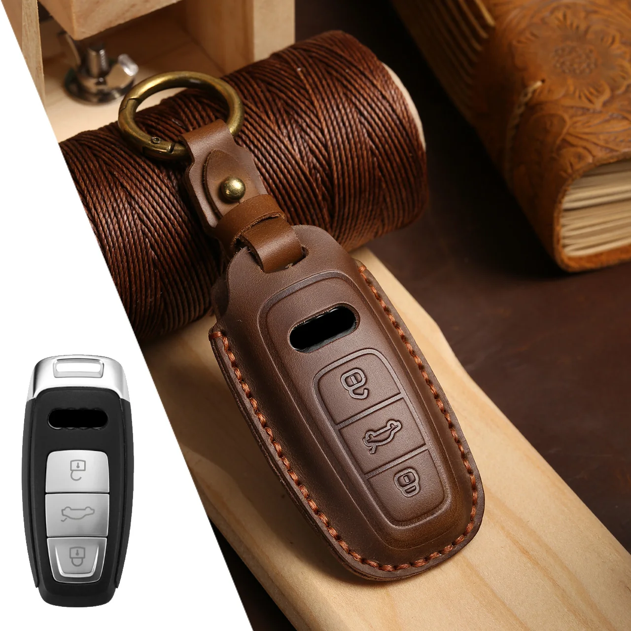 Premium Leather Car Key Case with Keychain