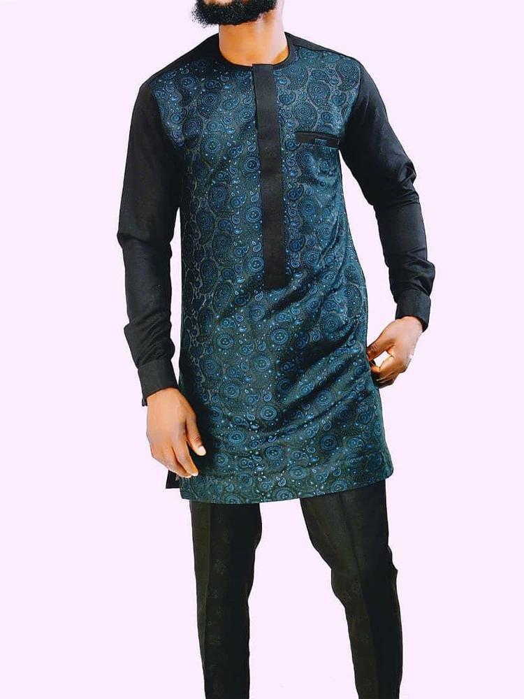 African Ethnic Style Long Sleeved Printed Patchwork Men Suit Muslim Suit Islamic Clothing Tunic Men Arabic Ropa Islamica Hombre