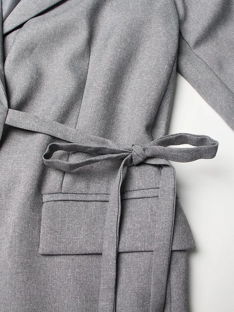 KBQ Spliced Lace Up Loose Chic Blazer For Women Notched Collar Long Sleeve Patchwork Pocket Hit Color Casual Blazers Female New